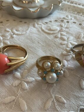 Gold Tone CORAL RING & Pearl Turquoise Cluster Ring Women's Statement Band Sizer